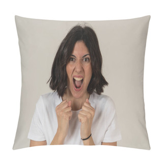 Personality  Close Up Of Young Frustrated Caucasian Woman With Angry And Stressed Face. Looking Mad And Crazy Shouting, Making Hands Gestures And Pointing At The Camera. Copy Space. Facial Expressions Concept. Pillow Covers