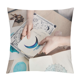 Personality  Cropped View Of Astrologer Holding Cards With Watercolor Drawings By Birth Chart With Zodiac Sign On Table Pillow Covers