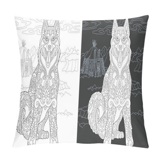 Personality  Coloring Page. Coloring Book. Colouring Picture With Husky Dog Drawn In Zentangle Style. Antistress Freehand Sketch Drawing. Vector Illustration. Pillow Covers