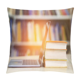 Personality  Close Up Of Open Laptop And Pile Of Books Pillow Covers