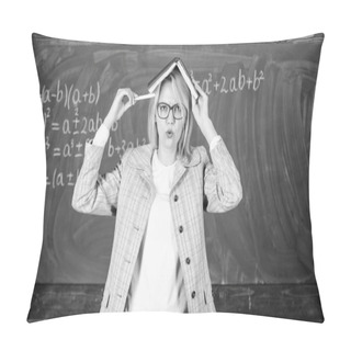 Personality  Memorizing Method. Train Memory Every Day. Effective Method To Remember Information. Cognitive Process Concept. Keep In Memory. Improve Memory Skill. Woman Teacher With Book As Roof On Head Pillow Covers
