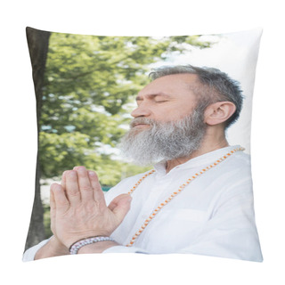 Personality  Bearded Master Guru Meditating With Closed Eyes And Praying Hands Outdoors Pillow Covers