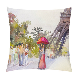 Personality  Paris European City Landscape. France, Eiffel Tower And Couple Lovers Man, Woman, Umbrella Red, Flower Garden Trees. Watercolor Painting Illustration,wedding, Valentine Day, Greeting. Pillow Covers