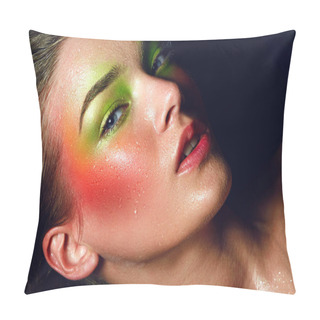 Personality  Beautiful Young Attractive Girl Lies. A Large Portrait Is A Face. Bright Colorful Make-up - Green And Pink Colors. Drops Of Water On The Skin, Splashes, Wet Face. Cosmetics, Healthy Skin. Pillow Covers