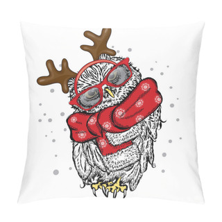 Personality  Owl In Christmas Costumes. Owl With Horns In A Scarf And Sunglasses. Vector Illustration For A Card Or Poster. Christmas And New Year. Pillow Covers