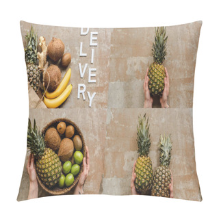 Personality  Collage Of Female Hands, Ripe Fresh Fruits And Word Delivery On Weathered Surface Pillow Covers