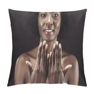 Personality  Beautiful African American Woman Showing Her Nails Isolated On Black Pillow Covers