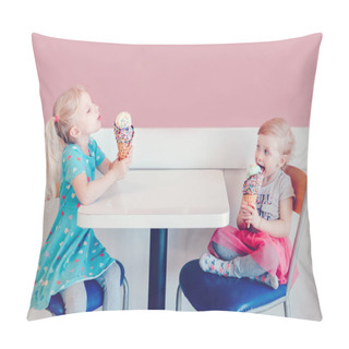 Personality  Lifestyle Portrait Of Two Happy Caucasian Cute Adorable Funny Children Girls Sitting Together Bragging Boasting Their Ice-cream. Love Envy Jealous Sisters Friendship. Tasty Yummy Summer Food Pillow Covers