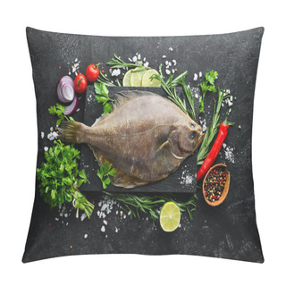 Personality  Raw Flounder Fish With Spices. Seafood On A Black Stone Background. Top View. Free Copy Space. Pillow Covers