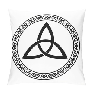 Personality  Triquetra Within A Circular Spiral Frame. Celtic Knot, A Triangular Figure, Used In Ancient Christian Ornamentation, Surrounded By A Decorative Border, Made Of Double Spirals. Illustration. Vector. Pillow Covers