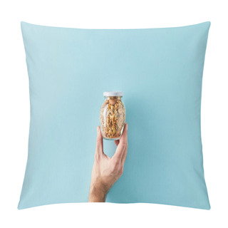 Personality  Cropped View Of Man Holding Jar Of Granola On Blue Background Pillow Covers