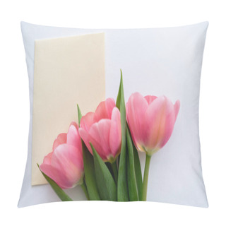 Personality  Top View Of Pink Tulips Near Pastel Yellow Envelope On White Pillow Covers