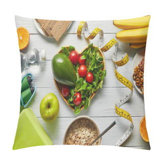 Personality  Top View Of Measuring Tape, Cereal, Fruits And Vegetables In Heart-shaped Bowl And Sport Equipment On Wooden White Background  Pillow Covers
