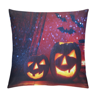 Personality  Halloween Pumpkin On Wooden Table In Front Of Spooky Dark Background. Jack O Lantern Pillow Covers