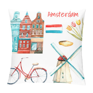 Personality  Watercolor Amsterdam Illustration. Pillow Covers