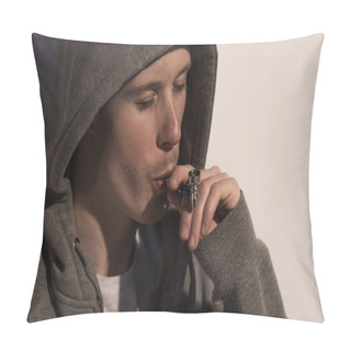 Personality  Junkie Man In Hood Smoking Pipe With Closed Eyes Pillow Covers