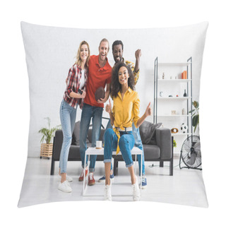 Personality  Four Excited Multicultural Friends Celebrating Victory And Spending Time Together  Pillow Covers