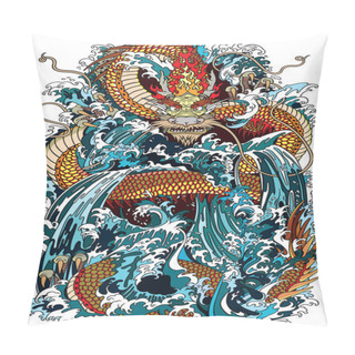 Personality  Japanese Water Dragon A Traditional Mythological Deity Creature In The Sea Or River Splashes. Tattoo Style Vector Illustration Pillow Covers