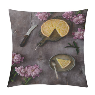 Personality  Top View Of Tasty Lemon Pie On Wooden Table With Purple Peonies Pillow Covers