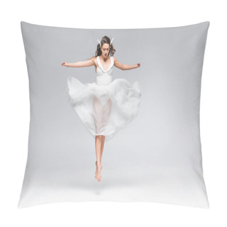 Personality  Young Attractive Ballerina In White Dress Jumping While Dancing On Grey Background Pillow Covers