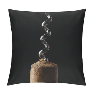 Personality  Close Up View Of Wooden Cork And Steel Corkscrew Isolated On Black Pillow Covers