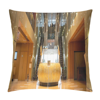 Personality  Modern Hotel Interior With Round Reception Desk And Sophisticated Lobby Design, Escalators, Moving Staircase, Luxurious Ambience, Spacious And Comfort, Classy And Chic, Banner  Pillow Covers