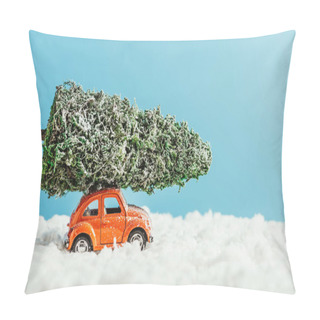 Personality  Side View Of Toy Vehicle With Miniature Christmas Tree On Rooftop Riding By Snow Made Of Cotton On Blue Background Pillow Covers
