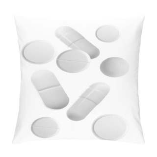 Personality  Different Falling Pills On White Background Pillow Covers