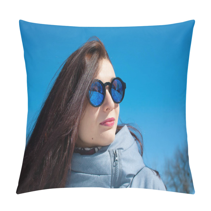 Personality  Outdoors Lifestyle Close Up Portrait Of Beautiful Girl Walking In The Snowy Winter Park. Smiling And Enjoying Wintertime. Wearing Stylish Mirrored Sunglasses, Blue Trench Coat Pillow Covers