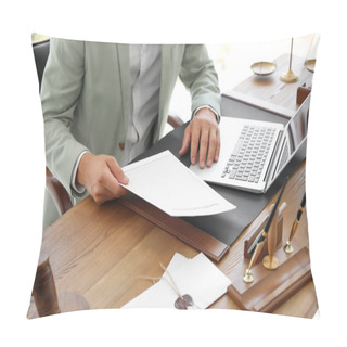 Personality  Male Notary With Documents And Laptop At Table In Office, Closeup Pillow Covers