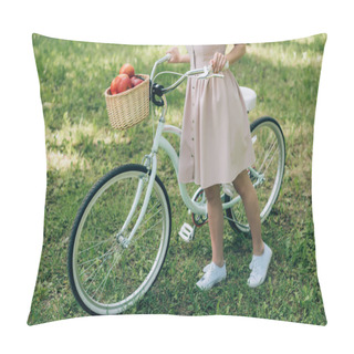 Personality  Cropped Shot Of Woman In Dress Holding Retro Bicycle With Wicker Basket Full Of Ripe Apples At Countryside Pillow Covers