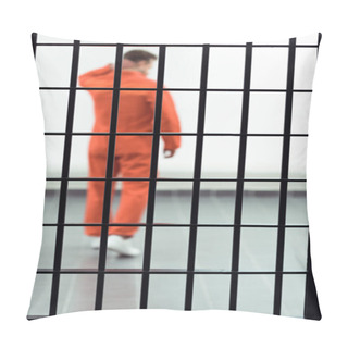 Personality  Rear View Of Prisoner In Prison Cell With Metallic Bars On Foreground  Pillow Covers