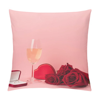 Personality  Glass Of Champagne Near Heart-shaped Box, Roses And Engagement Ring On Pink  Pillow Covers