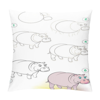 Personality  Page Shows How To Learn Step By Step To Draw A Smiling Hippo. Developing Children Skills For Drawing And Coloring. Vector Image. Pillow Covers