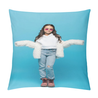 Personality  Full Length Of Smiling Preteen Girl In Pink Sunglasses And White Faux Fur Jacket Showing Shrug Gesture On Blue Pillow Covers