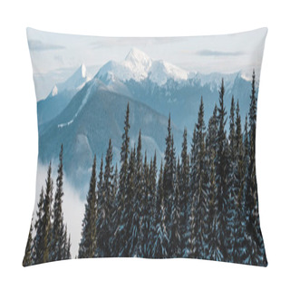 Personality  Scenic View Of Snowy Mountains With Pine Trees In White Fluffy Clouds, Panoramic Shot Pillow Covers