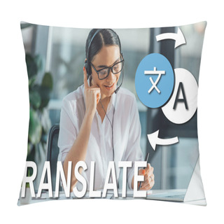 Personality  Smiling Asian Translator Working Online With Headset And Laptop In Office, Translate Illustration Pillow Covers
