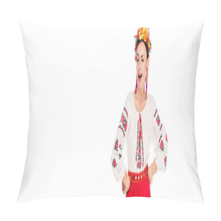 Personality  Brunette Young Woman In National Ukrainian Costume With Hands On Hips Winking Isolated On White, Panoramic Shot Pillow Covers