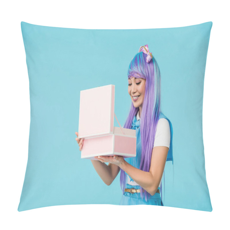 Personality  Smiling Asian Anime Girl Holding Open Briefcase Isolated On Blue Pillow Covers