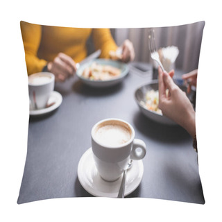 Personality  Cropped View Of Cappuccino Near Couple Dinning In Restaurant On Blurred Background  Pillow Covers