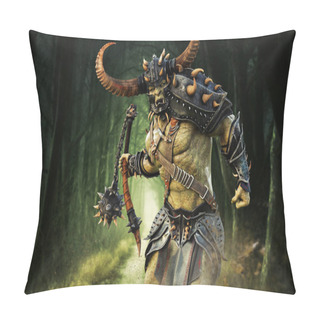 Personality  Savage Orc Brute Running Into Battle Wearing Traditional Armor And Equipped With A Flail Weapon . Fantasy Themed Character. 3d Rendering Pillow Covers