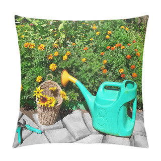 Personality  A Flower Bed With Marigolds. Watering Can And Secateurs On The B Pillow Covers