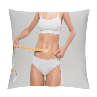 Personality  Partial View Of Beautiful Slim Woman In Underwear Holding Measuring Tape On Waist Isolated On Grey Pillow Covers