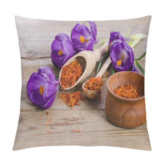 Personality  Crocus Flowers And Spoon With Soffron  On Wooden Table Pillow Covers