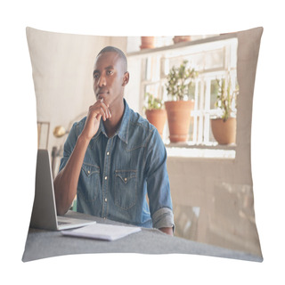 Personality  Thoughtful Designer In Studio With Laptop Pillow Covers