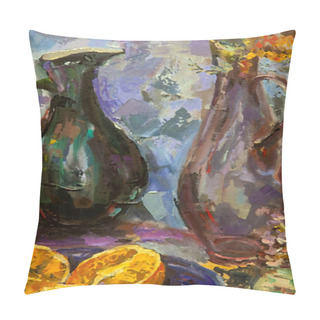 Personality  Fragment Of A Picturesque Still Life Is Made In A Pasty Technique.On A Blue Background ,objects Are Harmoniously Arranged: A Dark Blue Teapot,a Green Jug,a Lilac Jug With Flowers,a Glass And Fruit.  Pillow Covers