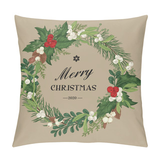 Personality  Christmas Decorative Wreath With Winter Red And White Berries. Vector Botanical Illustration. Round Frame With Winter Plants On A Craft Background. Pillow Covers