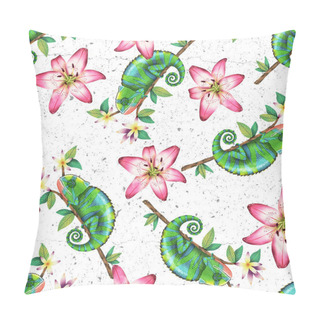 Personality  Green Chameleons And Lilies Jungle Watercolor Seamless Pattern Pillow Covers