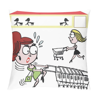 Personality  Vector Cartoon Of Woman Struggling With Supermarket Food Cart. Pillow Covers