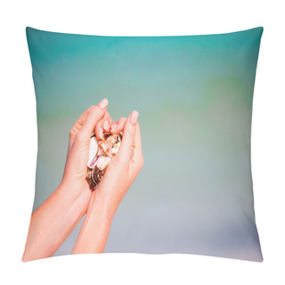 Personality  Close Up Of Hands Holding Variety Of Beautiful Seashells Pillow Covers
